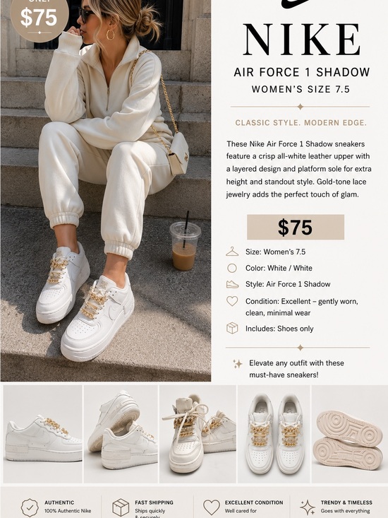 Nike Shoes - Nike Air Force 1 Shadow Women’s Sneakers — White with Gold Accents